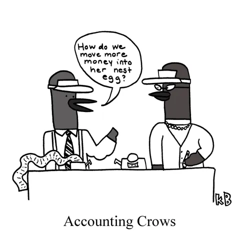 In this pun on the 90's jam band Counting Crows, two crow accountants make calculations about nest eggs. 