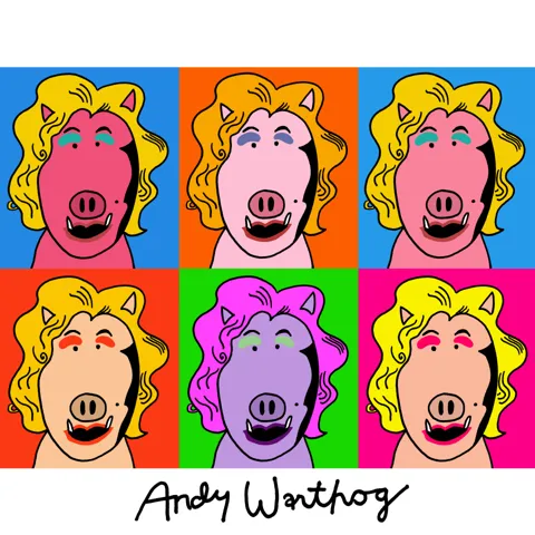 In this pun on Andy Warhol, we see his iconic multicolored Marilyn Monroes, but instead of Marilyn, we see a warthog. 