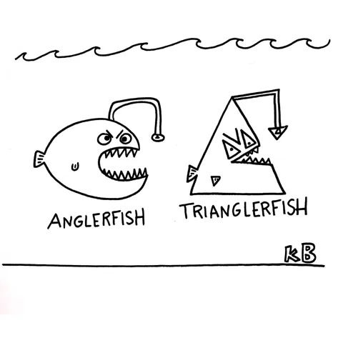 In this comparison cartoon, we see an angler fish, one of the ocean's most frightening creatures, next to a trianglar fish, which is a pointier and less scary version. 