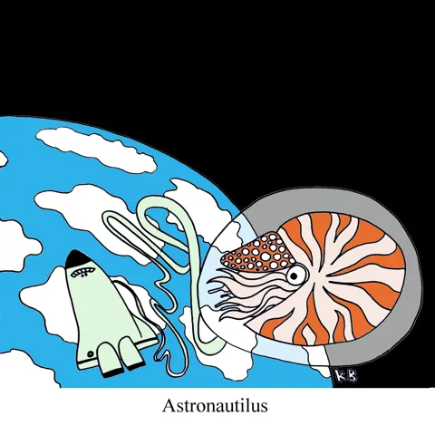 In this mashup of astronaut and nautilus, we see everyone's third favorite cephalopod floating in space connected to a shuttle. 