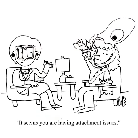 In this pun on attachment issues, we have a therapist diagnosing a client with attachment issues. The patient is, of course, attached to a giant squid. 