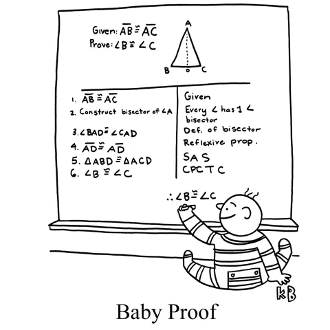 A baby writes out a mathematical proof about the geometry of triangles. 