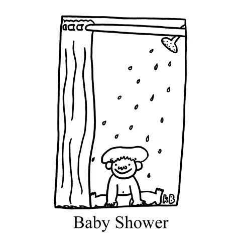 A baby sits in a shower. in this pun on "Baby Shower." 