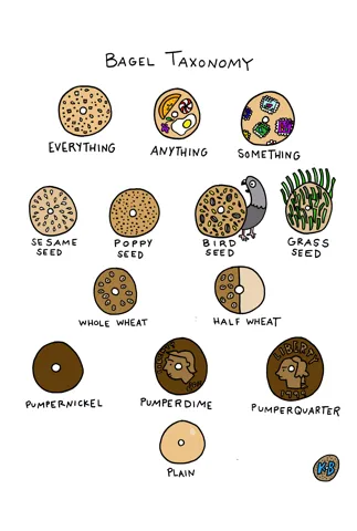 In this chart of bagel puns, we see plays on different types of bagel toppings - with everything, we have anything and something. With sesame and poppy seed, bird seed and grass seed. There's whole and half wheat, pumpernickel, -dime, and -quarter.