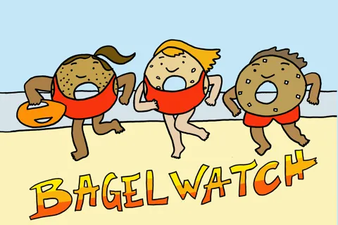 In this play on the iconic opening of Bay Watch, three bagels in red bathing suits with life preservers run across the beach (presumably in slow motion).