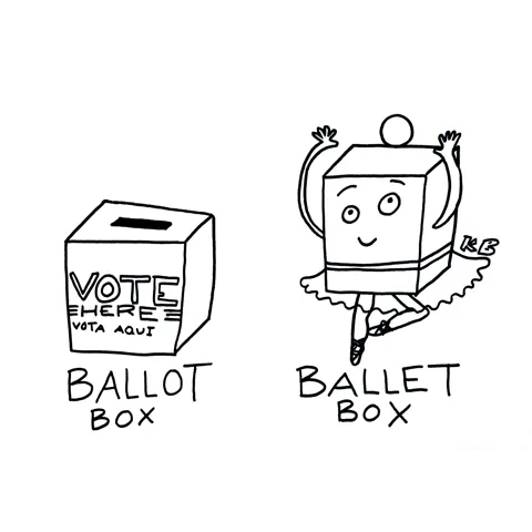 In this comparison cartoon, we see a ballot box next to a ballet box, which is a box that is also a ballet dancer. 
