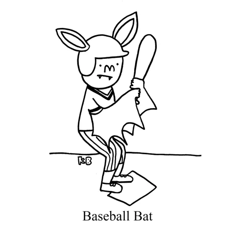 In this pun on baseball bat, we see a bat (the nocturnal animal) playing baseball.