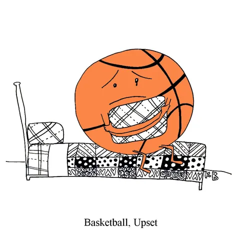 In this pun on basketball upset, we see a sad basketball crying on his bed as he holds his pillow. 