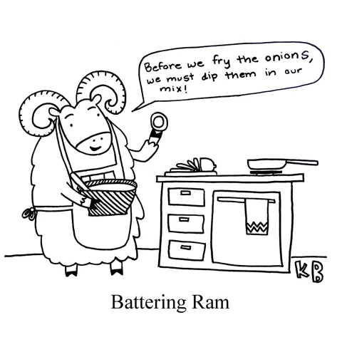 In this pun on the medieval weapon the battering ram, we see a different kind of battering ram - a sheep in the kitchen (seemingly on a cooking show) holding up a raw onion saying, "Before we fry the onions, we must dip them in our mix!" 