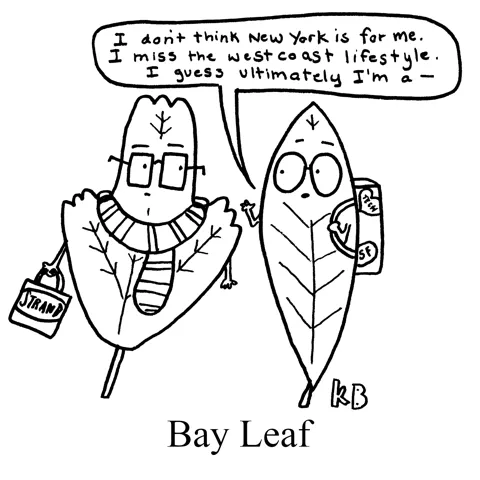 In this pun on bay leaf , we see two leaves talking (one maple leaf with NYC gear, one bay leaf with SF/tech gear). The one with SF gear expresses that while he loves NYC, he is, ultimately, a Bay leaf.