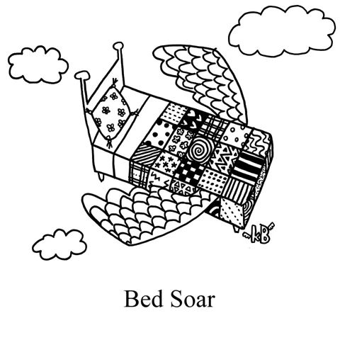 In this pun on bed sore, a bed with wings soars in the sky. 