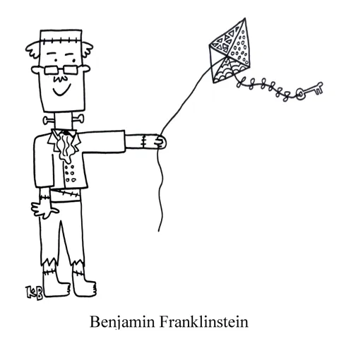 In this mashup of Benjamin Franklin and Frankenstein, we see a Frankenstein-esque version of Ben Franklin flying a kite. 