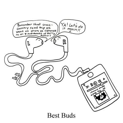 In this pun on best buds, we see to earpods attached to an iphone playing (of course) Donna Summer on Spotify. They are, of course, best friends, best pals, best... buds. 