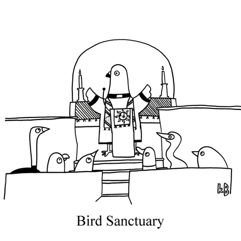 In this pun on bird sanctuary, a bunch of birds (an ostrich, a heron, a duck, an eagle, a starling, and a chickadee) sit in church pews and listen to a pigeon preacher. 