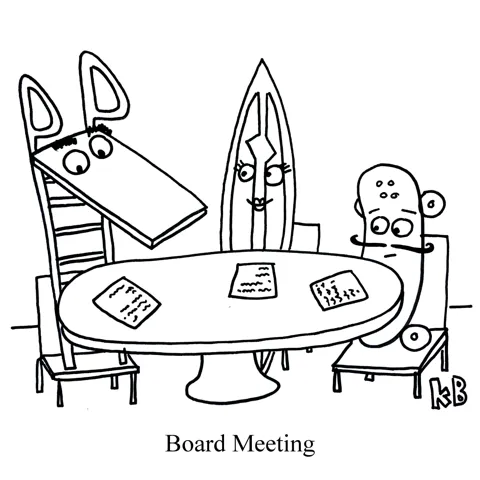In this pun on board meeting, we see a business meeting where the participants are various types of boards - a diving board, surfboard, and skateboard. 
