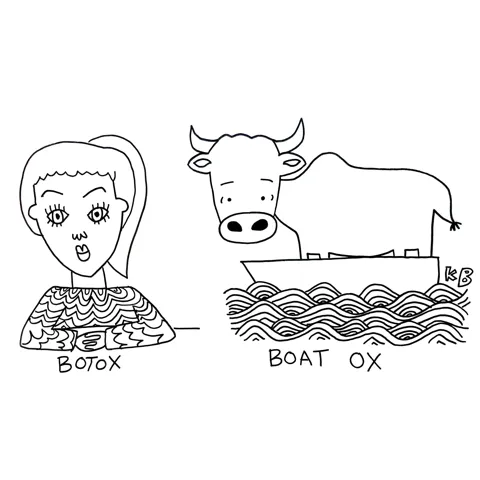 In this comparison cartoon, we see a person with botox next to a boat with an ox in it. 
