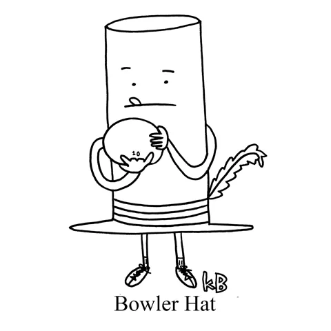 In this pun on bowler hat, we see a hat holding a bowling ball - he is clearly a bowler.