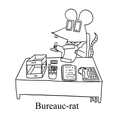 In this pun on bureaucrat, a rat does paperwork as his part of bureaucracy. 