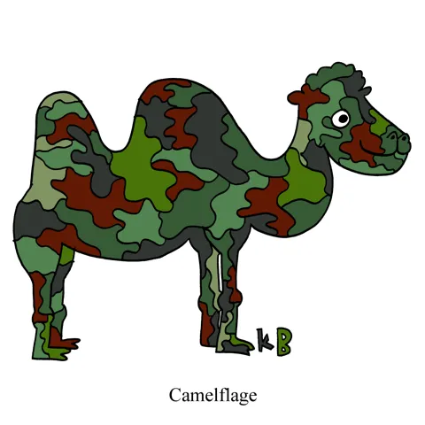 In this pun on camouflage, we see camelflauge, which is of course a camel in cam colors. 