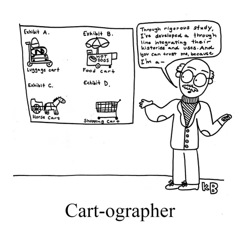 In this pun on cartographer, we see a cartographer who is what this title should naturally describe: an expert on carts. He stands in front of a powerpoint on various types of carts and explains the historical context.