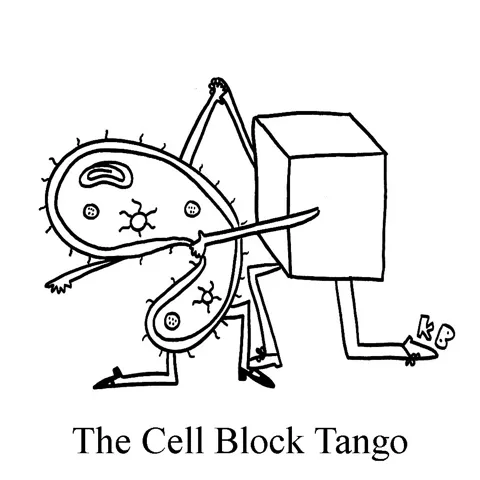 In this pun on the musical number The Cell Block Tango from the play Chicago, a cell tango dances with a block. 