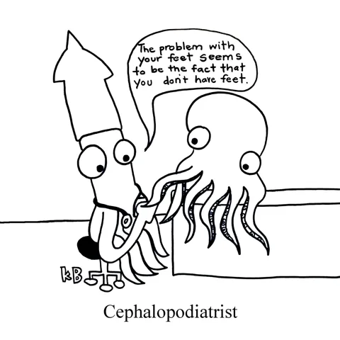 In this pun on cephalopod and podiatrist, we see a squid foot doctor checking out an octopus' tentacle. The squid says, "The problem with your foot seems to be the fact that you don't have feet." 