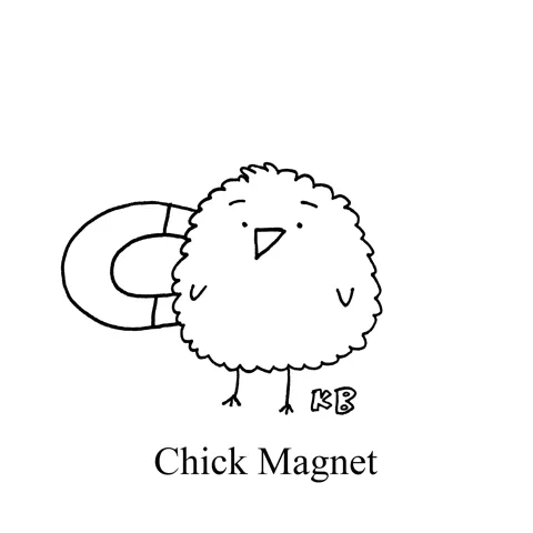 In this pun on the phrase chick magnet, we see a magnet attached to a fluffy baby chicken. 