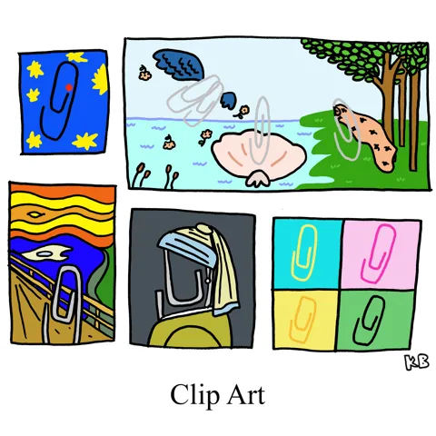 In this pun on clip art, we see famous works of art with the people replaced with paper clips. We see The Scream, a Matisse collage, Girl with a Pearl Earring, Andy Warhol's Marilyn, and the Birth of Venus.