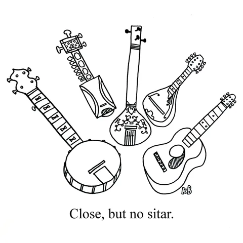 In this pun on "Close but no cigar," we see the instruments that are "close, but not sitar" - banjo, sarangi, tanpura, mandolin, and guitar. 