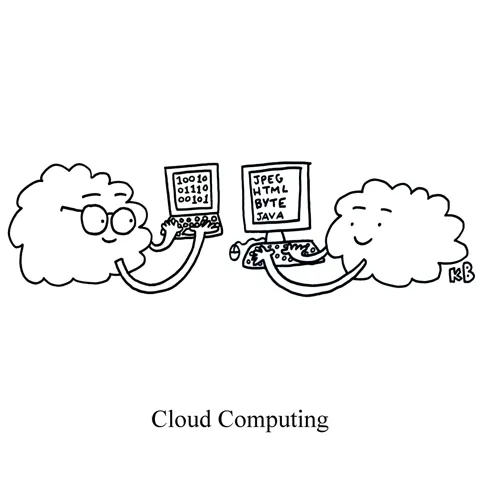 Two clouds type on their computers in this pun on cloud computing. 