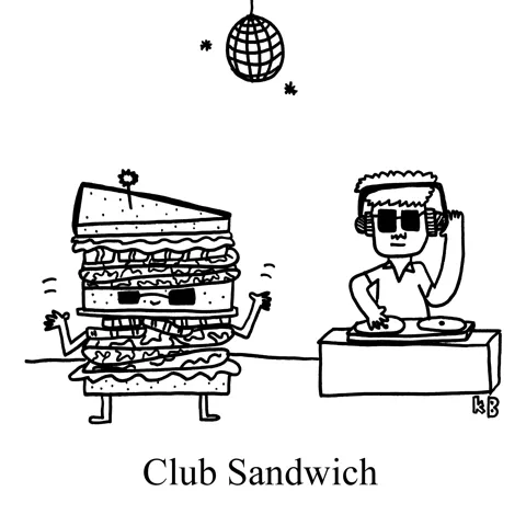 A multi-layer club sandwich parties at a club with a disco ball and an apathetic DJ in this pun on "Club Sandwich." 