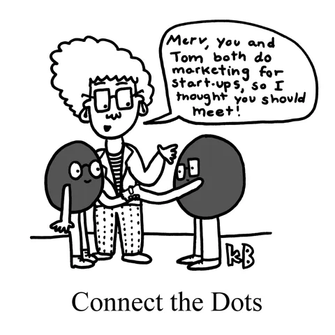 Inspired by potential business synergy, a woman introduces two anthropomorphic dots, who shake hands to indicate that they are pleased to network. 