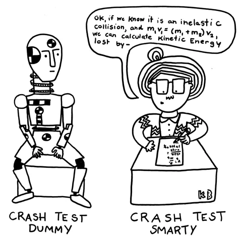 A crash test dummy next to a person acing a test on the physics of inelastic collisions. 