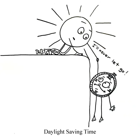 In this pun of daylight savings time, daylight (the sun) saves time (a clock) as she hold him while he dangles off a cliff and she says, "I'll never tlet you go!" 