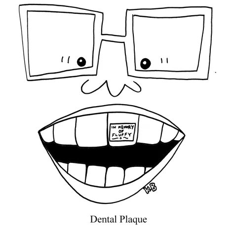 In this pun on dental plaque, we see a plaque on someone's tooth.