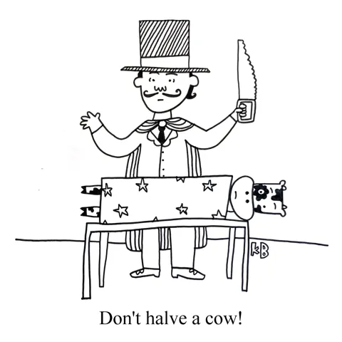 A magician pauses with a saw in his hand. He is about to saw in half his assistant, who is a cow. But we must remember - don't halve a cow! 