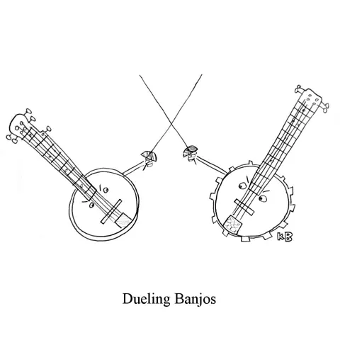 In this pun on dueling banjos, we see two banjos, swords drawn, ready to duel. 