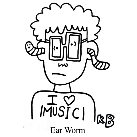 In this pun on ear worm, we see a music lover with an actual earthworm in his ears. It would be quite disturbing if the worm weren't so smiley. 
