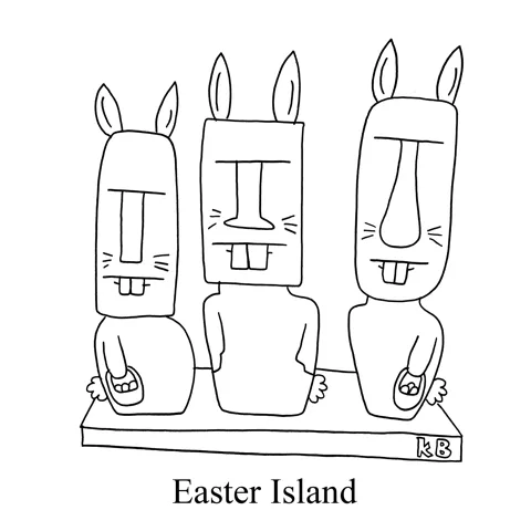 The Easter Island statues stand, but have Easter bunny ears and carry easter baskets. 