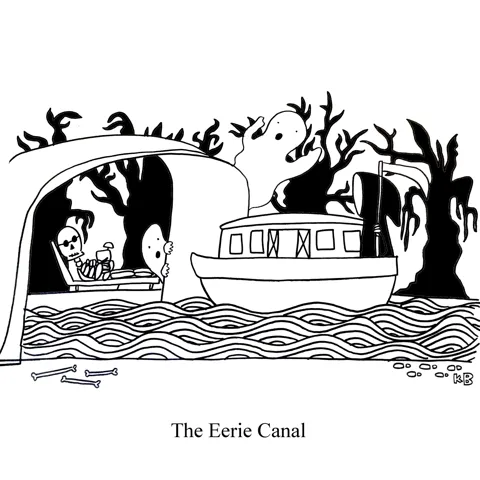 In this pun on the Erie Canal, we see an eerie canal, which is a very spooky canal surrounded by scary trees, ghosts, and skeletons, and upon which the grim reaper rides down on a boat. 