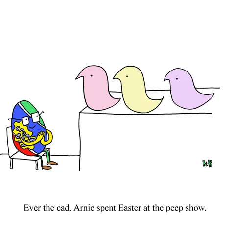 A cadbury egg claps as it watches an Easter performance by a bunch of peeps marshmallows. 