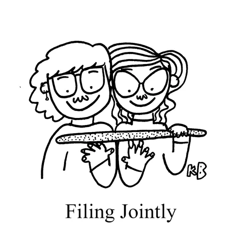 In this pun on the tax terminology "filing jointly," we see two people filing their nails together (or "jointly") with one very long nail file.