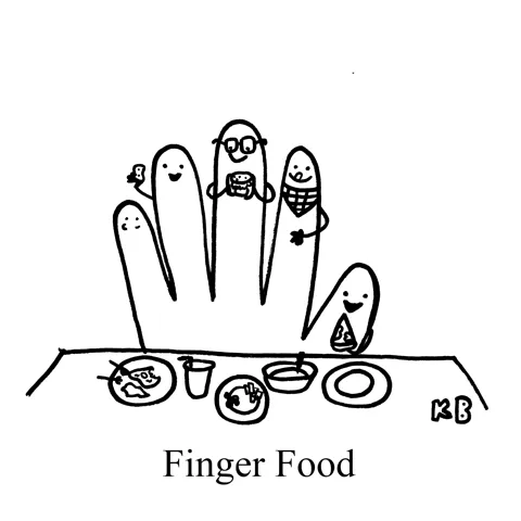 In this pun on finger food, we see anthropomorphic fingers on a hand enjoying some delicious food.