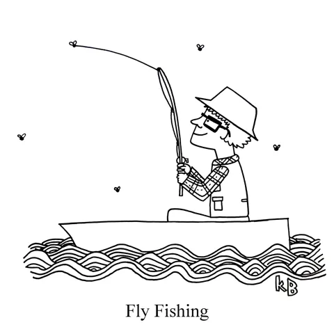 In this pun on fly fishing, we see a fisherman in a boat with a fishing rod, fishing for flies. 