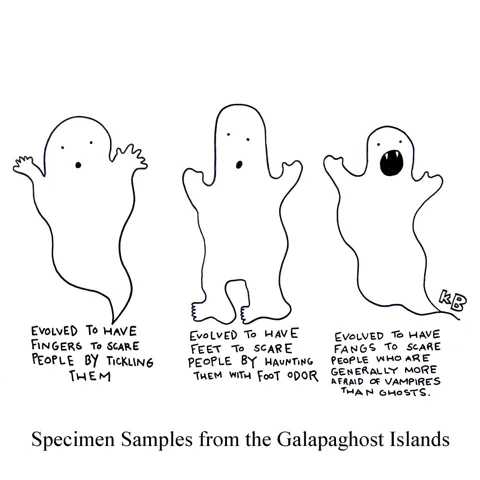 In this play on Galapagos Islands being the location where Darwin observed evolution, we see some ghosts who have evolved in different spooky ways on Galapaghost Island. 