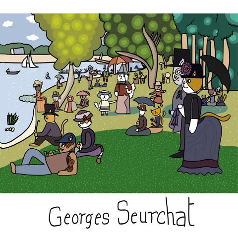 A pun of Georges Seurat's Sunday Afternoon on the Island of La Grande Jatte, but all the people in the park are cats. 