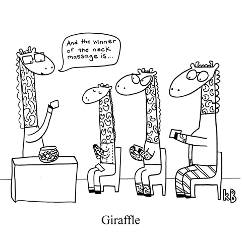 In this pun on giraffe and raffle, we see giraffes at a raffle, where the MC giraffe has pulled a ticket out of the fishbowl and is announcing the winner of a neck massage! 