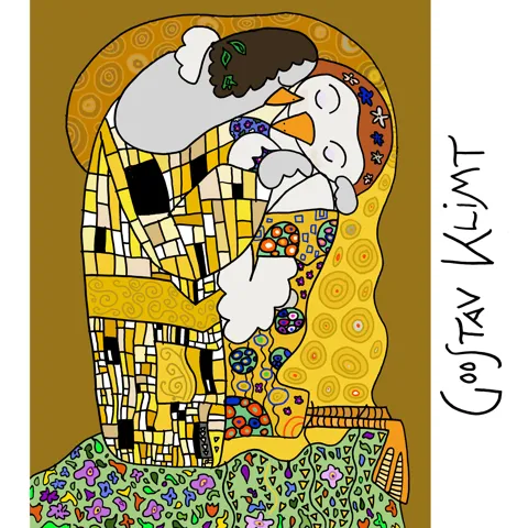 A pun of Gustav Klimt's "The Kiss," but the kissing lovers are geese. 