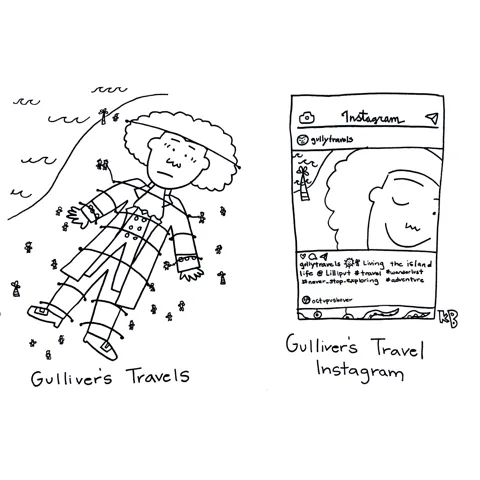 In this pun on Gulliver's Travels, we see his travels (Gulliver getting tied down by the Lilliputians) versus his travel instagram (a closeup photo of him winking with the caption "Living the island life @ Lillput #wanderlust #travel #never_stop_exploring