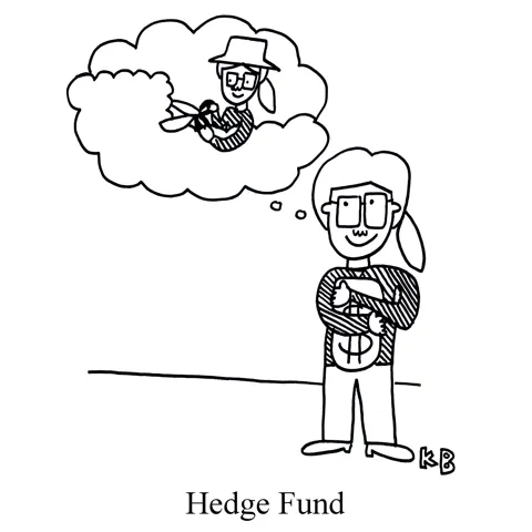 In this pun on hedge fund, a woman holds a bag of money and dreams about how she will spend it on a beautiful garden hedge. 